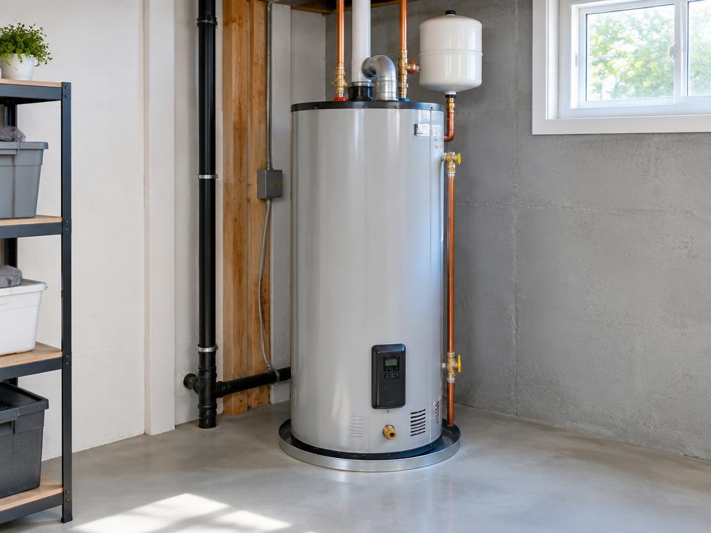 A newly installed residential water heater in a clean basement utility area